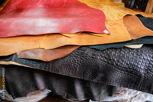 Genuine raw vegetable tanned leather in leather store