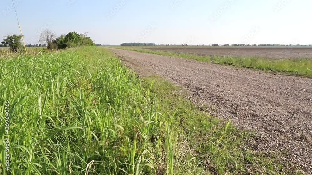 Camera moves to reveal dirt road and rural farmland