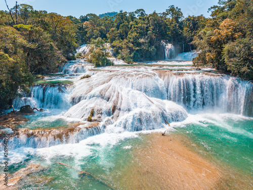Slika na platnu Aerial view of the majestic turquoise waterfalls at Agua Azul in Chiapas, Mexico