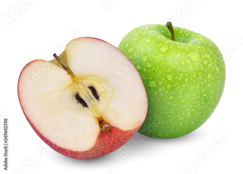 green whole apple and half red apple isolated on white background