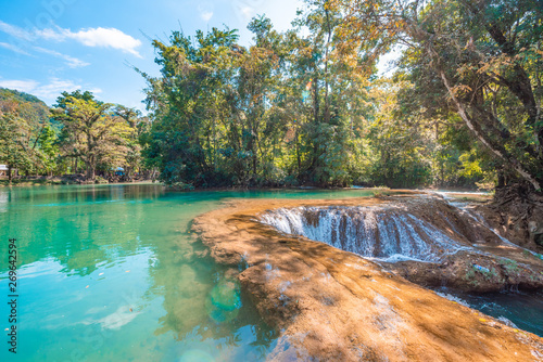 Panoramic view of the turquoise waterfalls at Agua Azul in Chiapas, Mexico photo