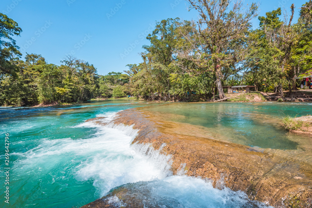 Panoramic view of the turquoise waterfalls at Agua Azul in Chiapas, Mexico