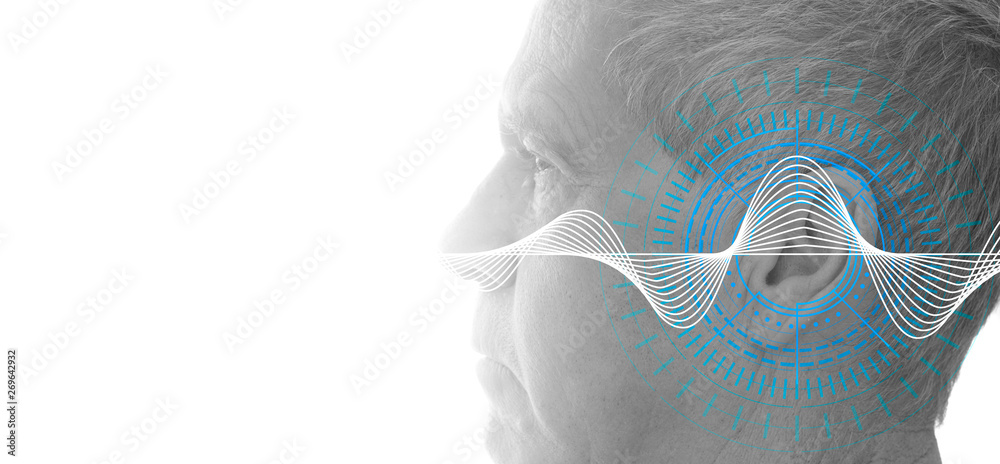 Hearing test showing ear of senior man with sound waves simulation technology - obrazy, fototapety, plakaty 