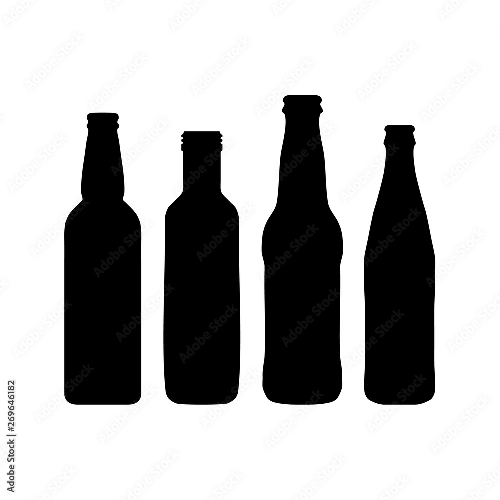 Silhouettes of different glass beer bottles, water, oil oliv. Set bottles silhouettes in different shapes. Silhouettes of different glass beer bottles, water, oil oliv. Set bottles silhouettes in different shapes.