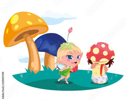 beautiful magic fairy and fungu elf in the garden