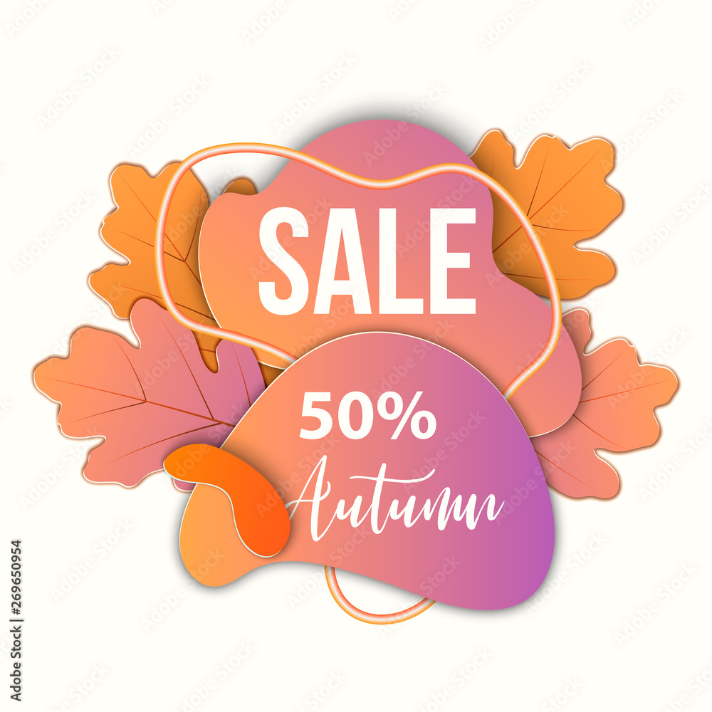 Obraz premium Template design banner with discount for autumn season. Poster special autumn offer sale with paper leaf. Abstract colorful shapes, dynamic composition. Modern style.