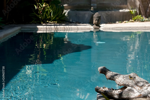 Aligator and Buddha Sculptures next to tropical pool