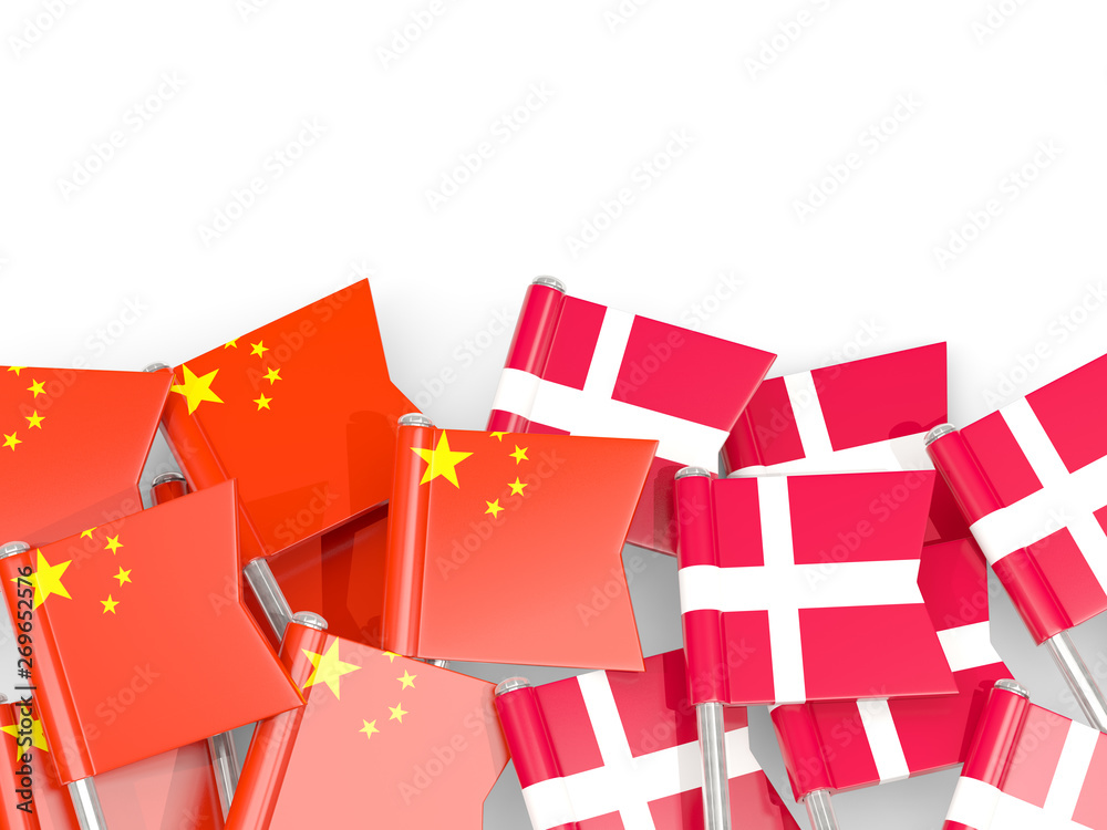 Pins with flags of China and denmark isolated on white. Pins with flags of China and denmark isolated on white.