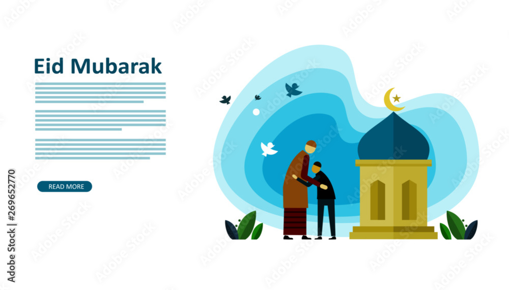 Happy eid mubarak or ramadan greeting with people character. template for web landing page, banner, presentation, social, poster, ad, promotion or print media