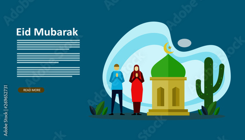 Happy eid mubarak or ramadan greeting with people character. template for web landing page, banner, presentation, social, poster, ad, promotion or print media