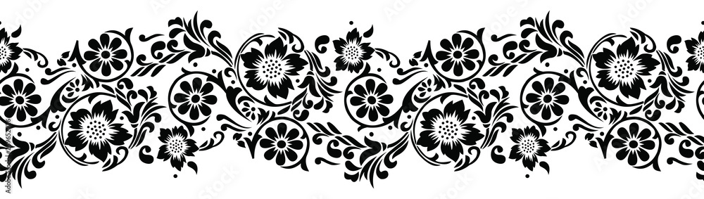Seamless black and white textile floral border - obrazy, fototapety, plakaty 