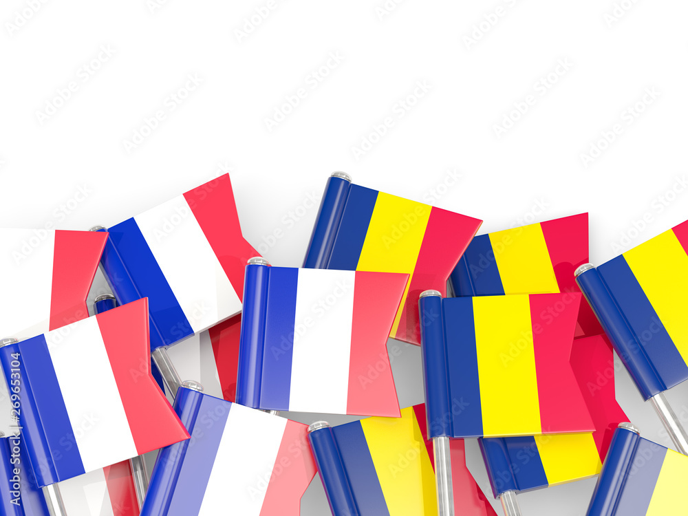 Pins with flags of France and chad isolated on white. Pins with flags of France and chad isolated on white.