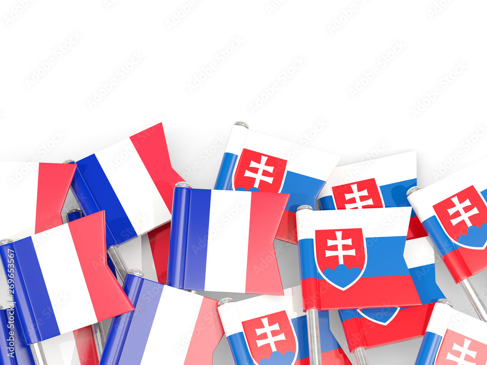 Fototapeta premium Pins with flags of France and slovakia isolated on white.