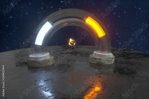 3d rendering, scientific mechanical ring in the outer space.