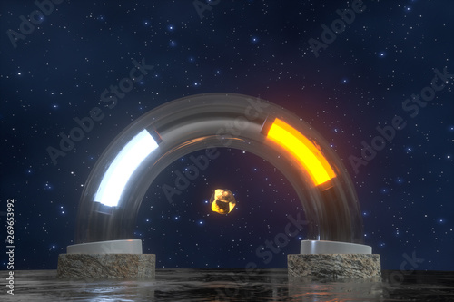 3d rendering, scientific mechanical ring in the outer space.