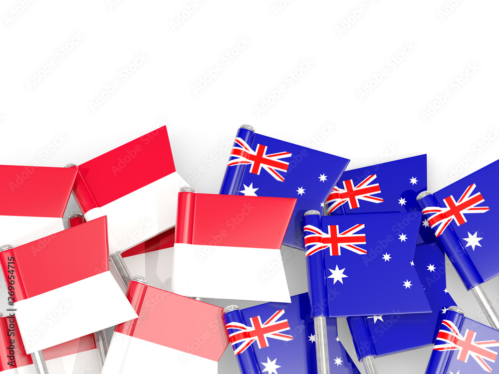 Pins with flags of Indonesia and australia isolated on white. Pins with flags of Indonesia and australia isolated on white.