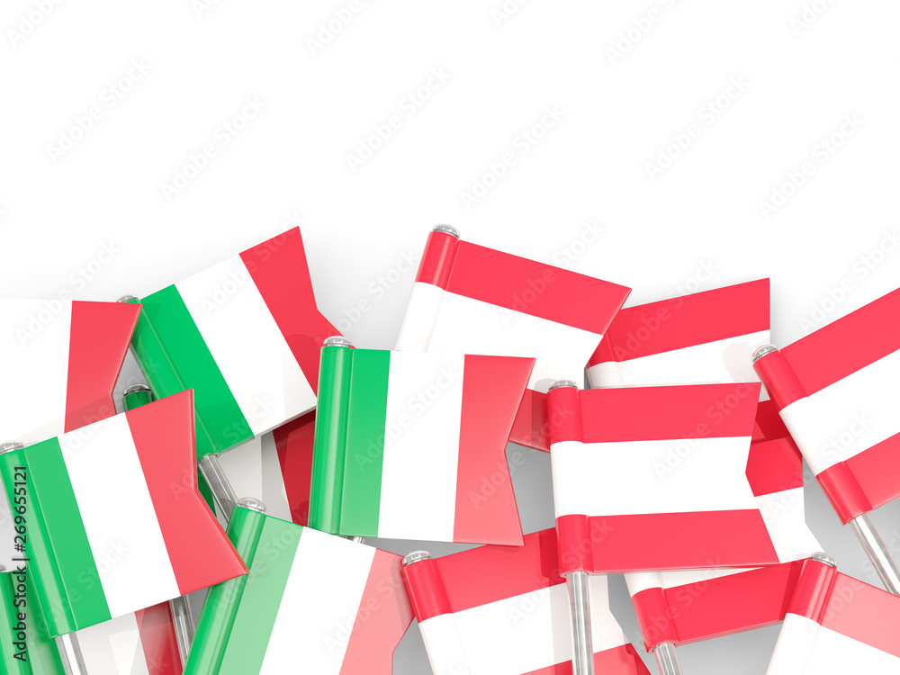 Pins with flags of Italy and austria isolated on white. Pins with flags of Italy and austria isolated on white.