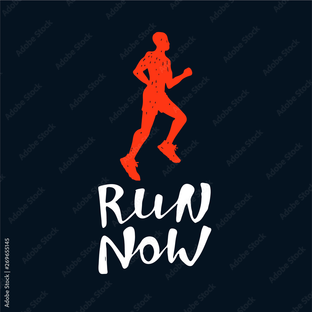 Fototapeta premium Run now lettering with runner silhouette. Running typography. S Vector illustration