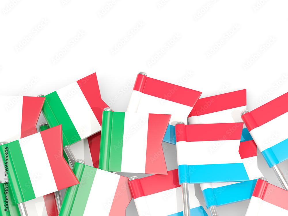 Pins with flags of Italy and luxembourg isolated on white. Pins with flags of Italy and luxembourg isolated on white.