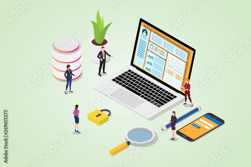 cms content management system concept with laptop and website page with secure login on smartphone with isometric style - vector photo