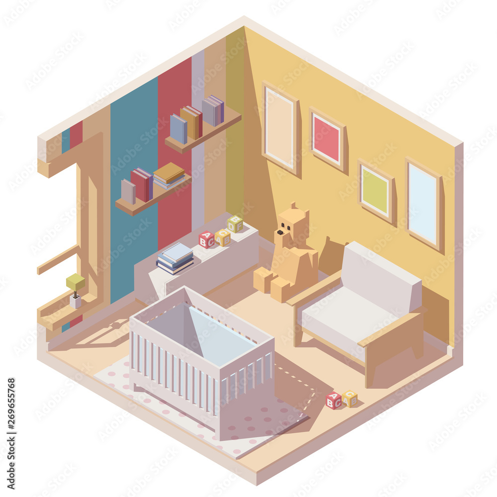 Vector isometric baby room cutaway icon. Illustration includes toys, baby cradle, armchair and other furniture