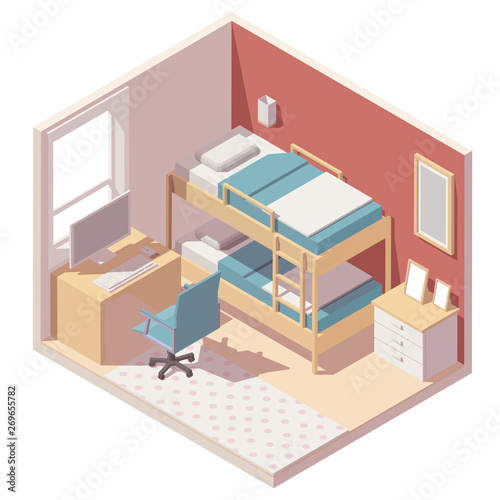 Vector isometric children room icon. Illustration with bunk bed, table, computer, office chair and other furniture