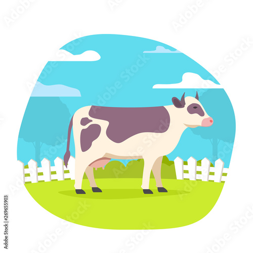 Pasturing cow animal. Rural summer nature landscape.Graze in a field.Good sunny day.Cartoon character.Flat vector.
