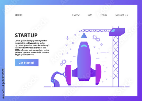 Landing page template.Concept web page design.Startup your project.Launch new product.Website development.Horizontal banner vector flat.Business new technologies.Digital platform.Building a spaceship 