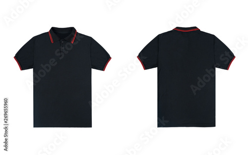 Blank plain polo shirt black with red stripe color isolated on white background. bundle pack polo shirt front and back view. ready for your mock up design project.