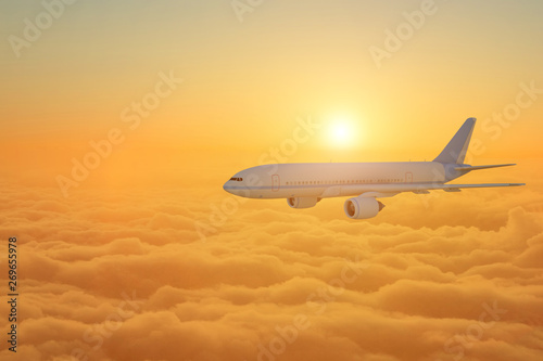 Airplane flying above clouds during sunset - 3d Rendering