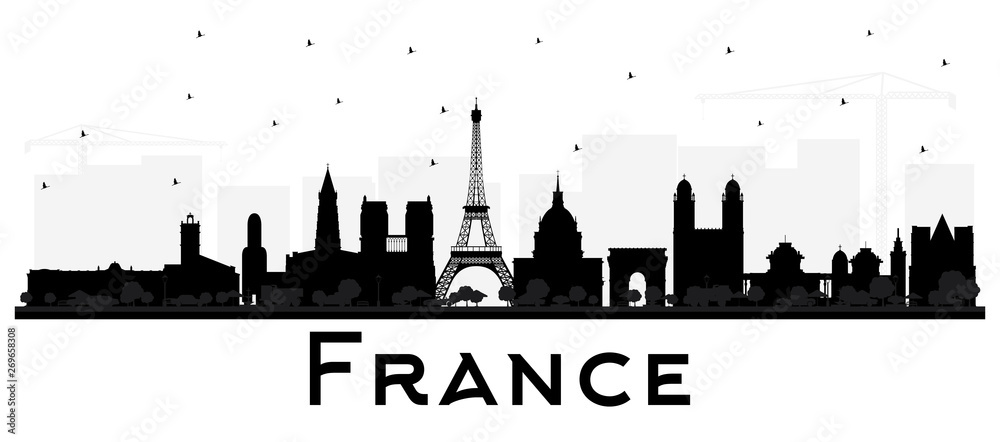 France Skyline Silhouette with Black Buildings Isolated on White.