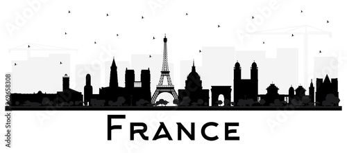 France Skyline Silhouette with Black Buildings Isolated on White.