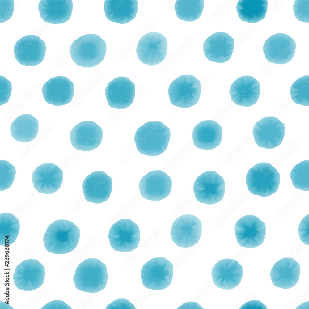 Seamless pattern with blue watercolour dots on white background.