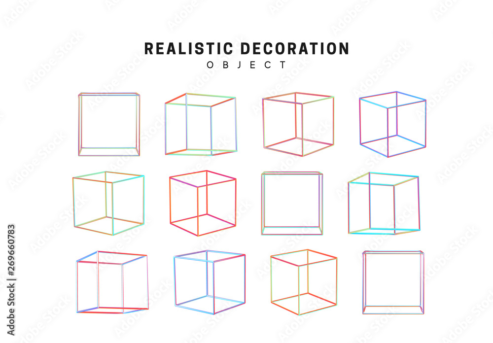 square and cube geometric objects. Gradient pink and blue geometric shapes. Decorative design elements isolated white background. - obrazy, fototapety, plakaty 