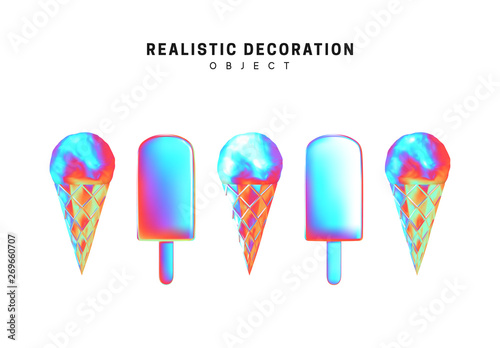 Ice cream set, on stick and cone, gradient, pink and blue. Realistic elements isolated on white background.