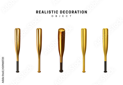 Gold Baseball Bats. Golden decorative design elements isolated on white background.