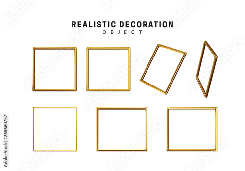 Golden geometric objects square frames. Gold geometric shapes. Golden decorative design elements isolated on white background.