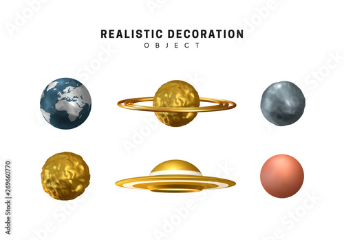 Set of planets and Ufo. Realistic 3d earth, moon and red planet mars, saturn and flying saucer.