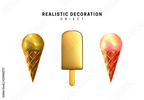Ice cream set, on stick and cone. Realistic elements isolated on white background.