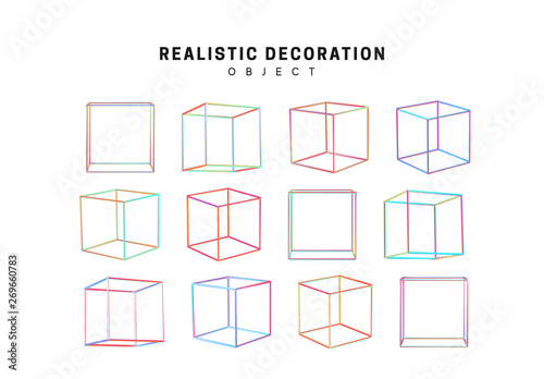 square and cube geometric objects. Gradient pink and blue geometric shapes. Decorative design elements isolated white background.