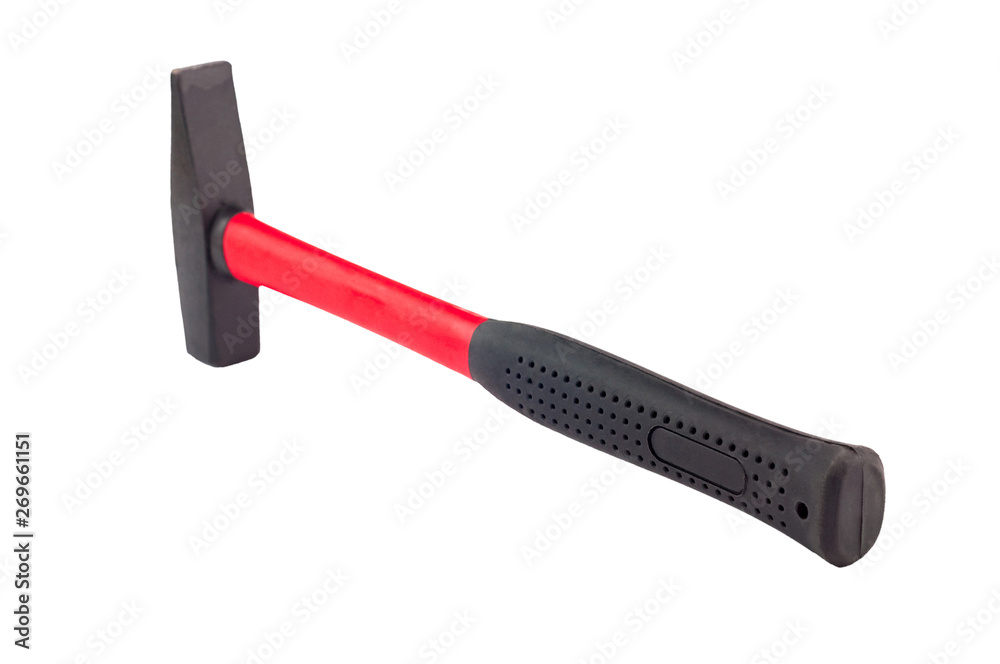 Single metal hammer with red and black rubber handle isolated on white background Single metal hammer with red and black rubber handle isolated on white background