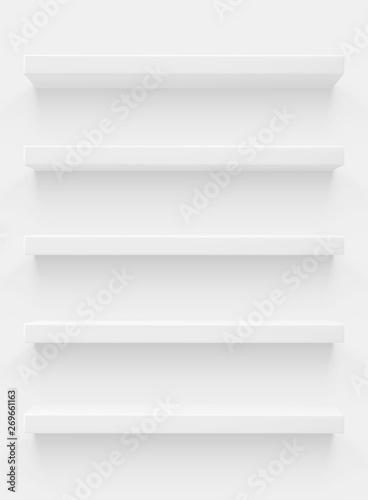 White 3d shelf on the wall. Wooden horizontal realistic empty shelf