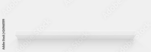 White 3d shelf on the wall. Wooden horizontal realistic empty shelf