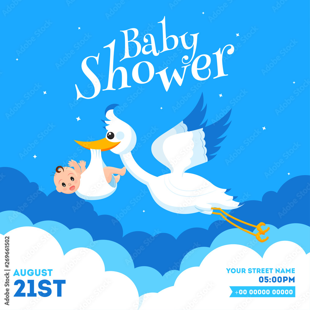 Baby Shower invitation card design with stork lifting infant and event details on cloudy background.