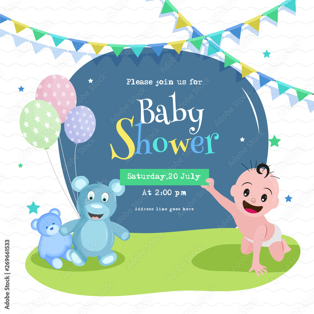 Baby Shower poster or invitation card design with cute baby, teddy bear and event details on abstract background. Baby Shower poster or invitation card design with cute baby, teddy bear and event details on abstract background.
