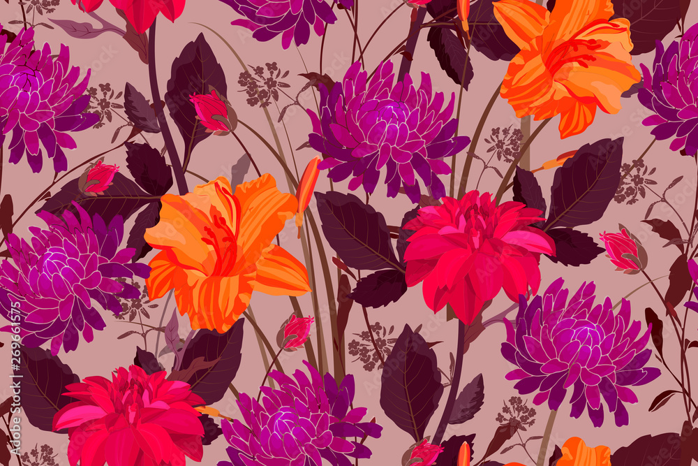 Art floral vector seamless pattern. Purple, orange, red lilies, asters, dahlias with buds, stems and leaves on a coffee color background. Isolated vector garden flowers.