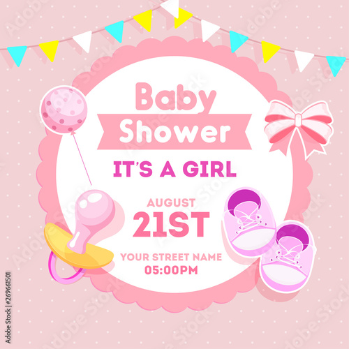Baby Girl Shower invitation card design with sticker style bow ribbon, baby shoes, balloon, pacifier and event details on pink background.