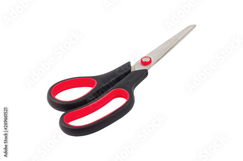 One new clean sharp metal scissors with handles of black and red colors isolated on white background. Clipping path