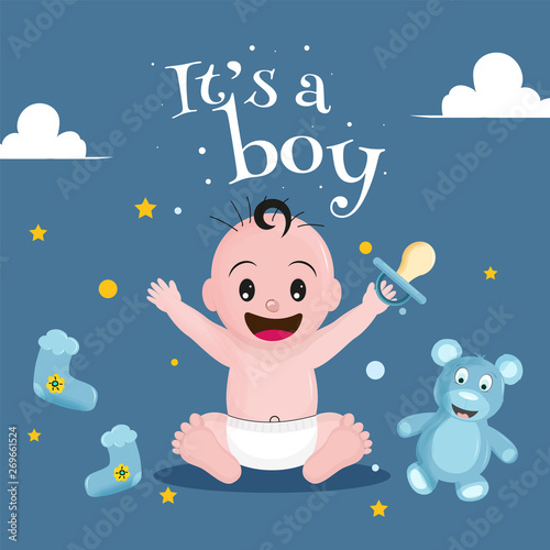 Cute happy baby holding pacifier with socks and teddy bear for Baby Boy. Can be used as poster or template design.
