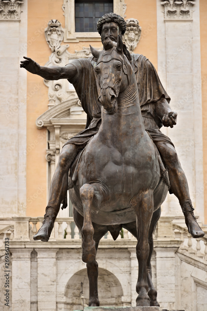 Rome, Equestrian statue of Marcus Aurelius on the Capitol. Bronze sculpture in the center of the square designed by Michelangelo.